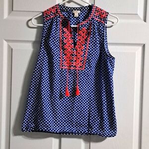 J Crew Sleeveless Blue and White Top with Embroidered Pattern.  Size 8